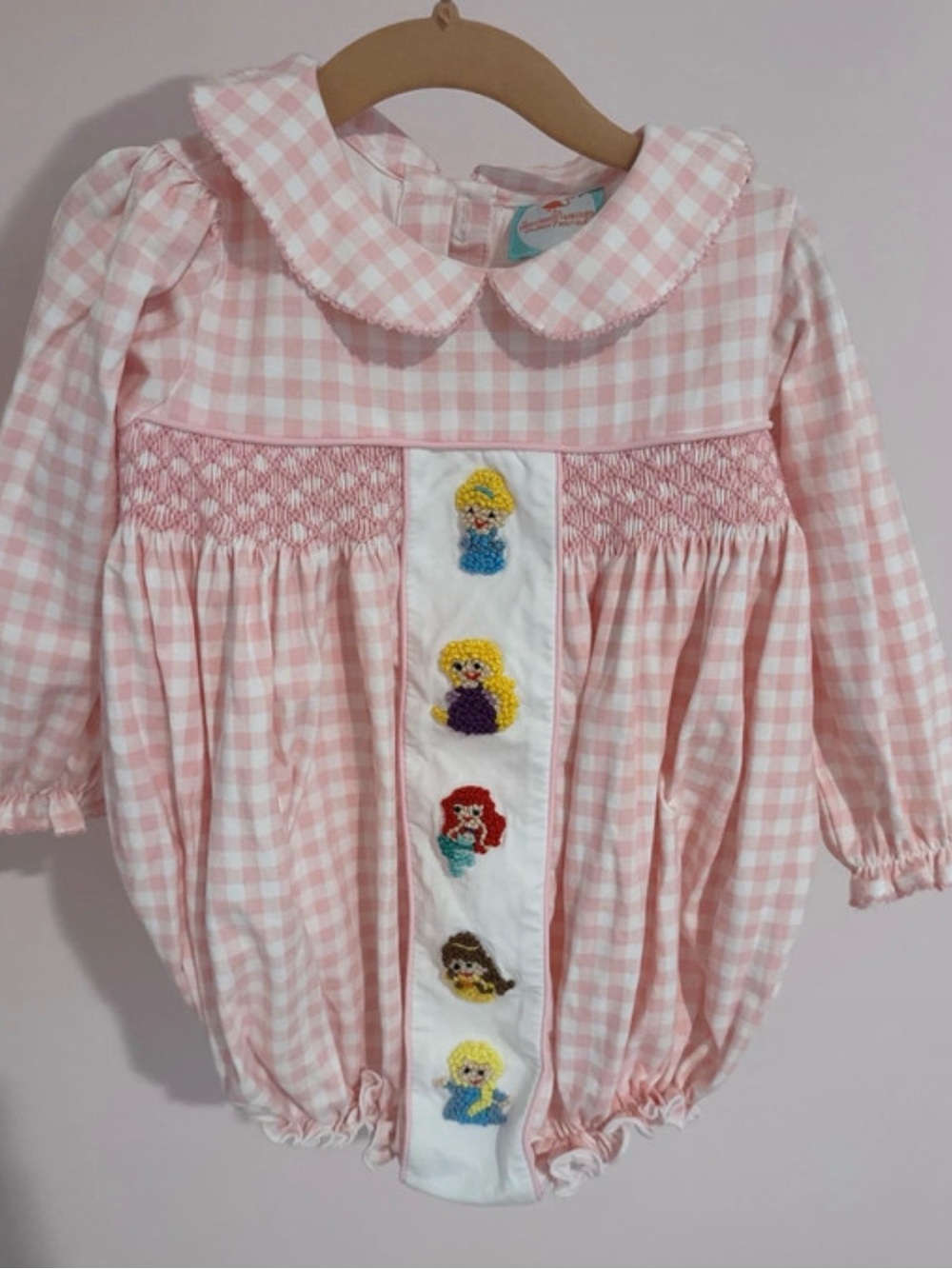 Pink Gingham Smocked Baby Bubble with Embroidered Characters